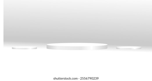 3D white round podium set background with light and shadow. Abstract geometric composition in minimalist design. 3D studio display showroom product pedestal, Fashion stage showcase mockup scene.