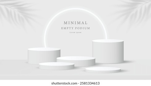 3D white round podium set background with light and shadow. Abstract geometric composition in minimalist design. 3D studio display showroom product pedestal, Fashion stage showcase mockup scene.