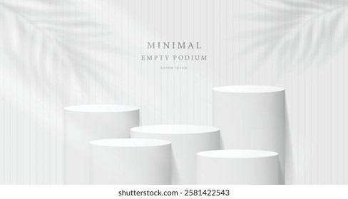 3D white round podium set background with light and shadow. Abstract geometric composition in minimalist design. 3D studio display showroom product pedestal, Fashion stage showcase mockup scene.