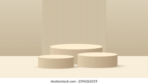 3D white round podium set background. Abstract geometric composition in minimalist design. 3D studio display showroom product pedestal, Fashion stage showcase mockup scene.