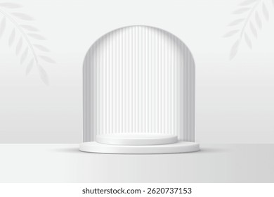 3D white round podium set background with light and shadow. Abstract geometric composition in minimalist design. 3D studio display showroom product pedestal, Fashion stage showcase mockup scene.