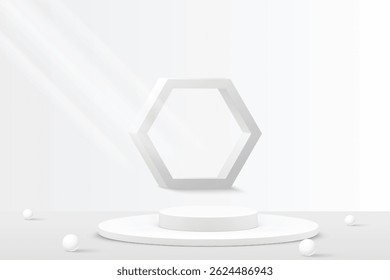 3D white round podium set background with light and shadow. Abstract geometric composition in minimalist design. 3D studio display showroom product pedestal, Fashion stage showcase mockup scene.