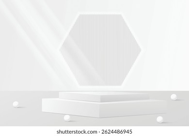 3D white round podium set background with light and shadow. Abstract geometric composition in minimalist design. 3D studio display showroom product pedestal, Fashion stage showcase mockup scene.