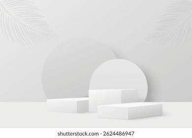 3D white round podium set background with light and shadow. Abstract geometric composition in minimalist design. 3D studio display showroom product pedestal, Fashion stage showcase mockup scene.