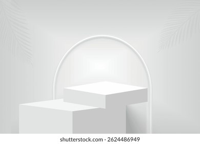 3D white round podium set background with light and shadow. Abstract geometric composition in minimalist design. 3D studio display showroom product pedestal, Fashion stage showcase mockup scene.