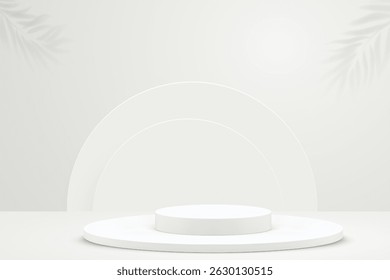 3D white round podium set background. Abstract geometric composition in minimalist design. 3D studio display showroom product pedestal, Fashion stage showcase mockup scene.