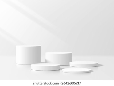 3D white round podium set background with light and shadow. Abstract geometric composition in minimalist design. 3D studio display showroom product pedestal, Fashion stage showcase mockup scene.