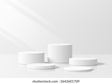 3D white round podium set background with light and shadow. Abstract geometric composition in minimalist design. 3D studio display showroom product pedestal, Fashion stage showcase mockup scene.