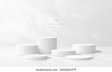 3D white round podium set background with light and shadow. Abstract geometric composition in minimalist design. 3D studio display showroom product pedestal, Fashion stage showcase mockup scene.