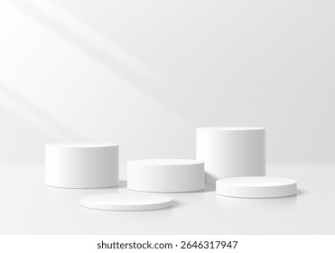 3D white round podium set background with light and shadow. Abstract geometric composition in minimalist design. 3D studio display showroom product pedestal, Fashion stage showcase mockup scene.