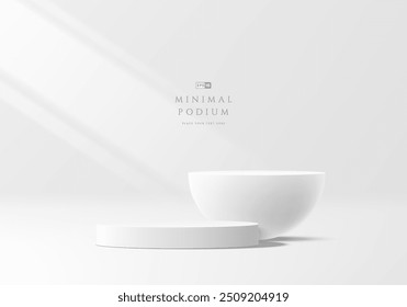 3D white round podium and sphere ball background. Abstract geometric composition in minimalist design. 3D studio display showroom product pedestal, Fashion stage showcase mockup scene. Vector EPS10.