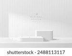 3D white round product podium background with white wall square tile. Abstract composition minimalist design. 3D studio display showroom cosmetic product pedestal, Fashion stage showcase mockup scene.