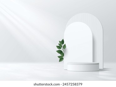 3D white round product podium background with arch backdrop and green leaf. Abstract composition in minimal design. 3D studio showroom product pedestal, Fashion showcase mockup scene. Banner cosmetic.