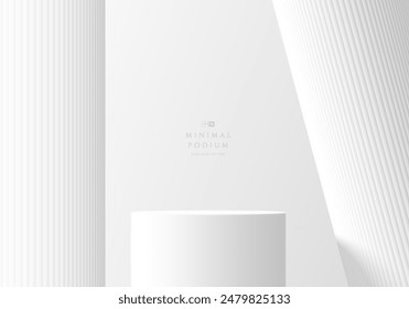 3D white round product podium background with roman huge pillars backdrop. Abstract geometric composition in minimalist design. Studio showroom product pedestal, Fashion stage showcase mockup scene. 