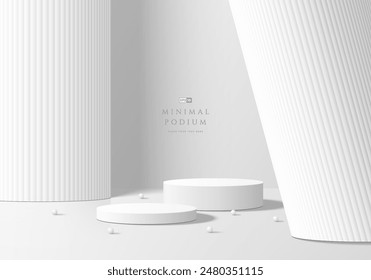 3D white round product podium set background with huge roman pillars. Abstract geometric composition in minimalist design. Studio display showroom product pedestal, Fashion stage showcase mockup scene