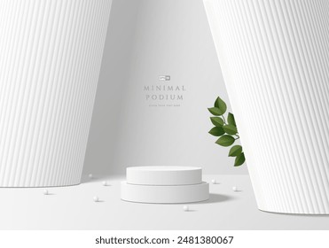 3D white round product podium background with huge roman pillars. Abstract geometric composition in minimalist design. 3D studio display showroom product pedestal, Fashion stage showcase mockup scene