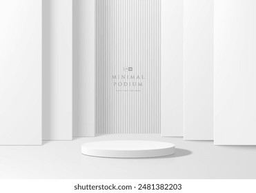 3D white round product podium background with layers square backdrop. Abstract geometric composition in minimalist design. Studio display showroom product pedestal, Fashion stage showcase mockup scene