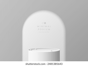 3D white round product podium background with arch gate shadow wall. Abstract geometric composition in minimalist design. Studio display showroom product pedestal, Fashion stage showcase mockup scene.