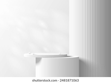 3D white round product podium background with bead balls, Huge pillars behind. Abstract composition in minimalist design. Studio display showroom product pedestal, Fashion stage showcase mockup scene.