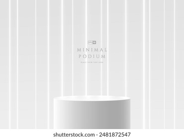 3D white round product podium background with vertical neon lighting lines. Abstract futuristic composition in minimalist design. Studio showroom product pedestal, Fashion stage showcase mockup scene.