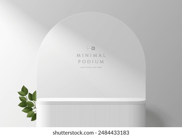 3D-weißer runder Produkt-Podium-Hintergrund mit Bogenhintergrund und grünem Blatt. Abstrakte Komposition in minimalistischem Design. 3D Studio Display Showroom Produkt Sockel, Mode Bühne Schaukasten Mockup Szene.