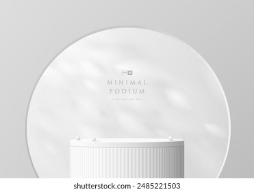 3D white round product podium background in arch gate, Natural light. Abstract composition minimalist design. 3D studio display showroom cosmetic product pedestal, Fashion stage showcase mockup scene.