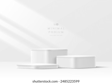 3D white round product podium set background with window lighting. Abstract composition in minimalist design. 3D studio display showroom cosmetic product pedestal, Fashion stage showcase mockup scene