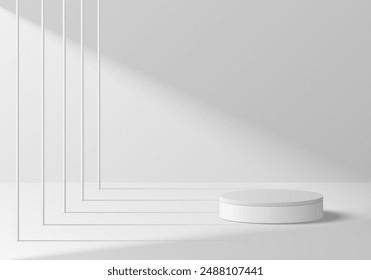 3D white round product podium background with pillars backdrop. Abstract composition in minimalist design. 3D studio display showroom cosmetic product pedestal, Fashion stage showcase mockup scene.