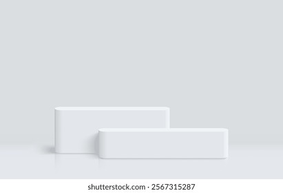 3D white round steps podium. Minimal empty mockup abstract product display presentation. Platforms vector geometric design.