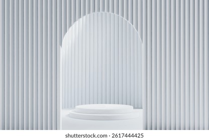 3d White scene background with podium and arch gate for product presentation. Abstract minimal mockup with cylinder platform and door.