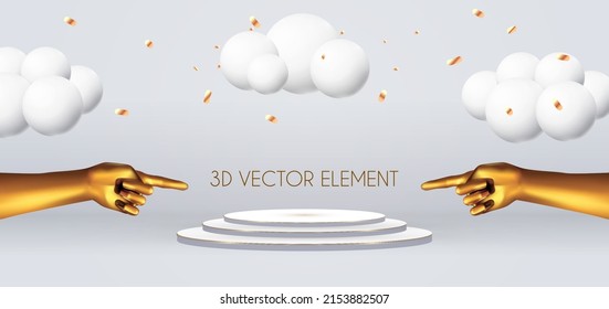 3D white scene with podium and realistic golden hand and clouds. Modern showcase