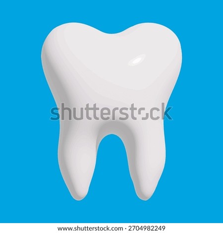 3D white shiny tooth icon, symbol design style. Tooth render on a blue background. Dentist concept. Modern 3D glossy tooth icon. Website and mobile app design element, vector illustration EPS 10.