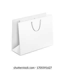 3D White Shopping Bag Mock Up. Blank Packaging Template Design. Horizontal Paper Package With Copy Space. 3d Isolated On Background. Realistic Vector Illustration.