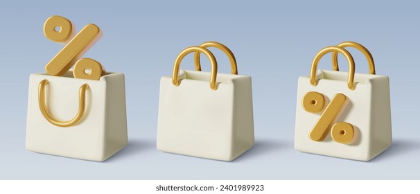 Bolsas de compras blancas en 3D con signo de porcentaje de oro. Venta realista y descuento de ilustraciones vectoriales tridimensionales.