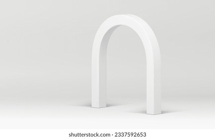 3d white showcase with modern arch neutral empty studio background realistic vector illustration. Trendy rendering showroom interior isometric archway mock up for cosmetic product show