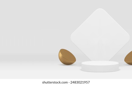 3d white showroom podium with golden hemisphere for show realistic vector illustration. Luxury elegant rendering banner cylinder pedestal with rhombus wall background for product presentation