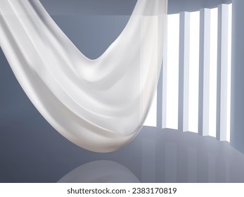 3D White Silk Textile Fabric Flag In Dark Interior Room. EPS10 Vector