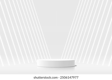 3D white silver podium background with neon lighting lines. Futuristic abstract composition minimalist design. Studio display showroom cosmetic product pedestal, Fashion stage showcase mockup scene.