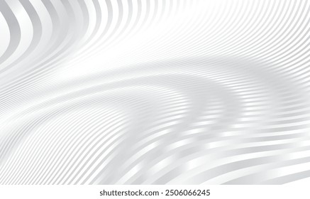 3d White silver wave stripy metallic backdrop. Metal striped surface. Abstract futuristic white silver architecture background. Modern design with wavy pattern. Futuristic interior. Premium Vector.