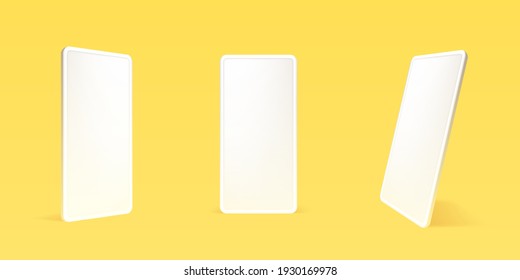 3D White smartphone angles mockup, isolated on yellow background, vector illustration.