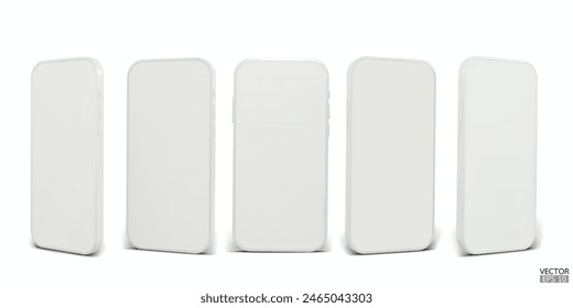 3D white smartphone mockup with white screen. White mobile phone isolated on white background. 3d vector illustration.