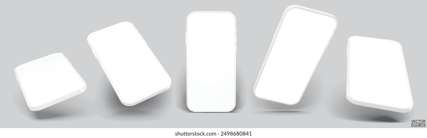 3D white smartphone mockup with white screen. White mobile phone isolated on gray background. 3d vector illustration.