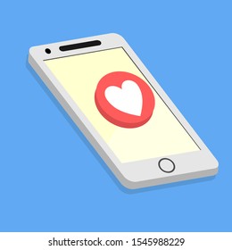 3D White Smartphone with Social Media Love or Like Icon Isometric Vector Illustration