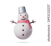 3D White Snowman in Bucket Hat and Scarf Isolated. Render Snow Man Character. Happy New Year Decoration. Merry Christmas Holiday. New Year and Xmas Celebration. Realistic Vector Illustration