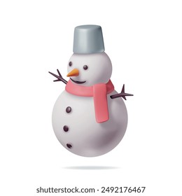 3D White Snowman in Bucket Hat and Scarf Isolated. Render Snow Man Character. Happy New Year Decoration. Merry Christmas Holiday. New Year and Xmas Celebration. Realistic Vector Illustration