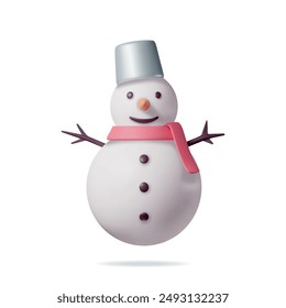 3D White Snowman in Bucket Hat and Scarf Isolated. Render Snow Man Character. Happy New Year Decoration. Merry Christmas Holiday. New Year and Xmas Celebration. Realistic Vector Illustration