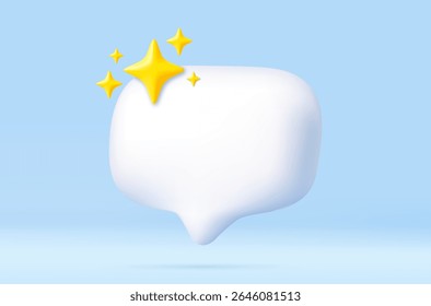 3d White speech bubble with golden sparkles on blue background, representing clean message, highlight, or featured comment. Education faq sign. Best help assistance. 3d rendering. Vector illustration