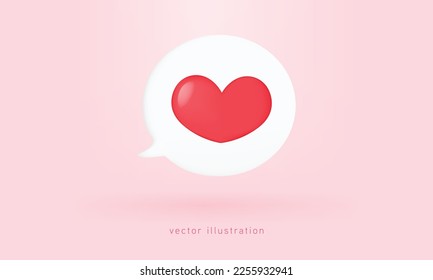 3d white speech bubble with Red heart message icon design. Happy Valentine's day. Romantic Symbol of Love botton. 3d vector rendering.