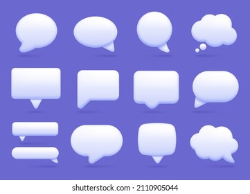 3d burbuja de habla blanca, icono de mensaje de chat en redes sociales. Vacía burbujas de texto en varias formas, comentario, conjunto de vectores de globo de diálogo. Nubes pensadas de diferente forma como rectángulo, elipse