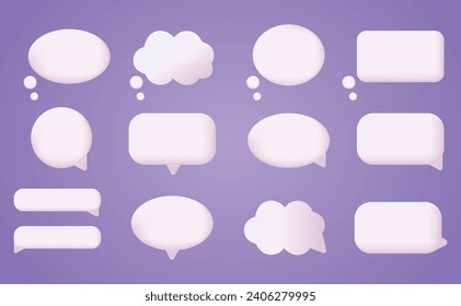 3d burbuja de habla blanca, icono de mensaje de chat en redes sociales. Vacía burbujas de texto en varias formas, comentario, conjunto de vectores de globo de diálogo. Nubes pensadas de diferente forma como rectángulo, elipse